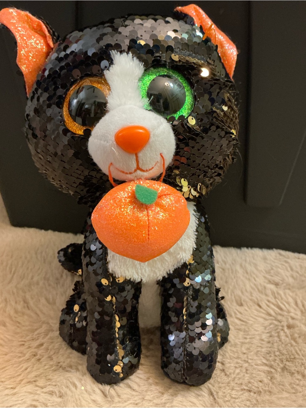 Ty Flippables Jinx 10" Medium Halloween Black Sequin Cat Plush Pumpkin